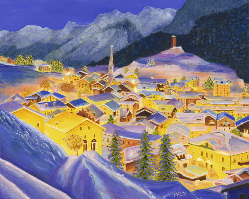 Swiss Village at Night | Oil And Acrylic Painting in Paintings by Michelle Keib Art. Item composed of canvas and paper in eclectic & maximalism or modern style