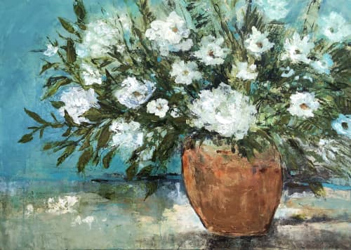 White Peonies - Large Floral Painting on Canvas | Oil And Acrylic Painting in Paintings by Filomena Booth Fine Art. Item made of canvas compatible with contemporary and country & farmhouse style
