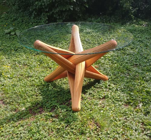 "lock" sculptural caramel bamboo dining table (base) | Tables by JAN PAUL. Item composed of bamboo and glass in mid century modern or contemporary style