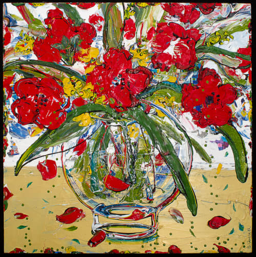 Red Floral Painting | Oil And Acrylic Painting in Paintings by Sue Averell. Item made of synthetic