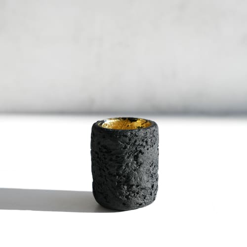 Tea Light Holder in Carbon Black Concrete with Sunrise Gold | Candle Holder in Decorative Objects by Carolyn Powers Designs. Item composed of concrete and glass in minimalism or contemporary style