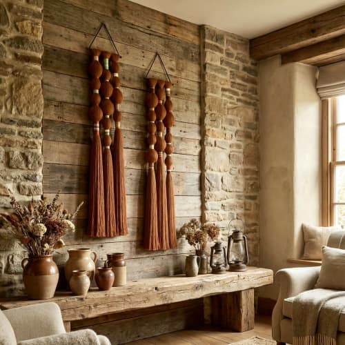 Handmade Fiber Wall Sculpture with Sculptural Tassels | Sculptures by Sarmal Design. Item made of cotton with metal works with boho & country & farmhouse style