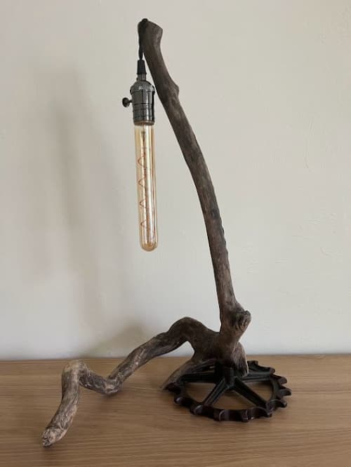Cog - A Unique Driftwood & Vintage Steel Table Lamp | Lamps by Max Andersen. Item made of wood with steel
