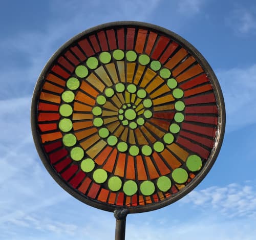 Glass mosaic metal garden stakes | Public Mosaics by Rochelle Rose Schueler - Wild Rose Artworks LLC. Item composed of metal and glass