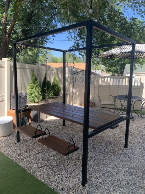 Black 4-Seater SwingTable Teak | Picnic Table in Tables by SwingTables. Item composed of wood and steel