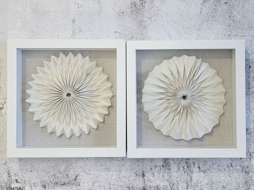 Duo origami mandala 3D wall art, Original hand made art | Ornament in Decorative Objects by Studio Pleat. Item made of wood with linen works with minimalism & contemporary style