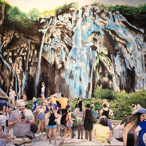 Plitvice Lakes Waterfall, 2019, 54 x 54 inches, acrylic on canvas | Oil And Acrylic Painting in Paintings by Arran Harvey | Arran Harvey Studio in San Francisco. Item made of canvas with synthetic