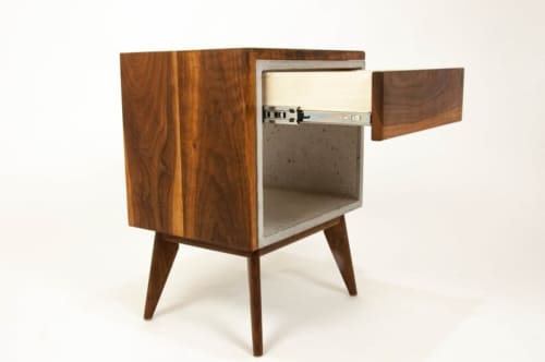 The Yin Yang | Nightstand in Storage by Curly Woods. Item made of oak wood with concrete works with mid century modern & modern style