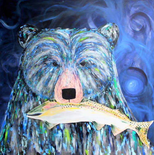 Frank the Fisher Bear | Prints in Paintings by Andi Williams Art. Item made of canvas works with country & farmhouse & rustic style