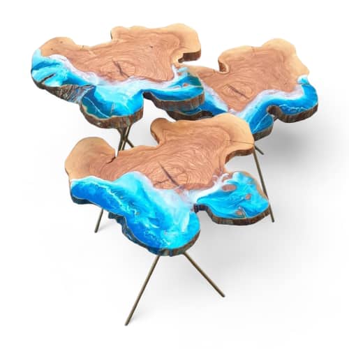 Coffee Table with Wave Epoxy Resin | Custom Ocean Live Edge | Side Table in Tables by Ironscustomwood. Item composed of oak wood