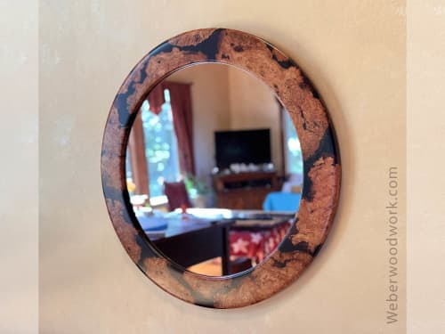 Eye-Catching Round Cherry Burl Wall Mirror - 30” | Decorative Objects by thomas weber. Item composed of wood and glass in boho or country & farmhouse style