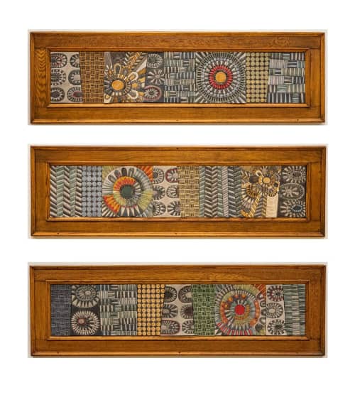 Odyssey Wall Sculpture | Mosaic in Art & Wall Decor by Clare and Romy Studio | Museum Art Source, Evansville Museum of Arts, History & Science in Evansville. Item made of oak wood & stoneware compatible with boho and mid century modern style