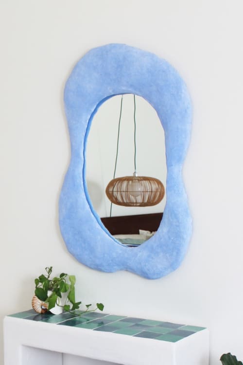 Blue Organic Assymetrical Plaster Mirror | Decorative Objects by Mahina Studio Arts. Item works with contemporary & eclectic & maximalism style