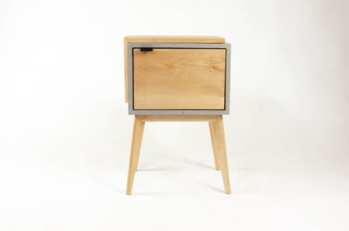 Live Edge Solid Maple Wood & Concrete Cube Nightstand | Storage by Curly Woods. Item composed of oak wood and concrete in contemporary or modern style