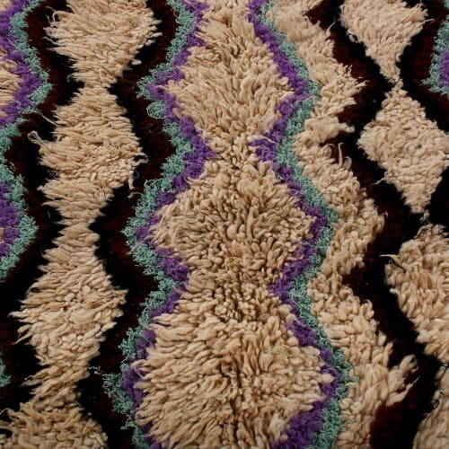 Vintage Moroccan Geometric Beige Brown and Purple Wool Shag | Area Rug in Rugs by Rug and Kilim