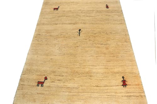 Vintage Gabbeh Tribal Rug in Beige-Brown Open Field with Red | Area Rug in Rugs by Rug and Kilim