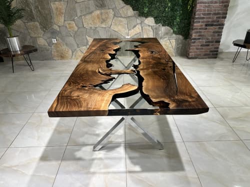 Clear Waterfall Resin River Table | Dining Table in Tables by Gül Natural Furniture. Item made of walnut with synthetic works with minimalism & mid century modern style
