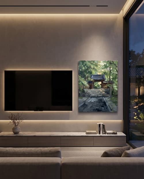 100x80cm Eigen Onsen Japan Landscape Impasto Oil Painting I | Oil And Acrylic Painting in Paintings by Dynasty Artisan. Item made of linen compatible with contemporary and japandi style