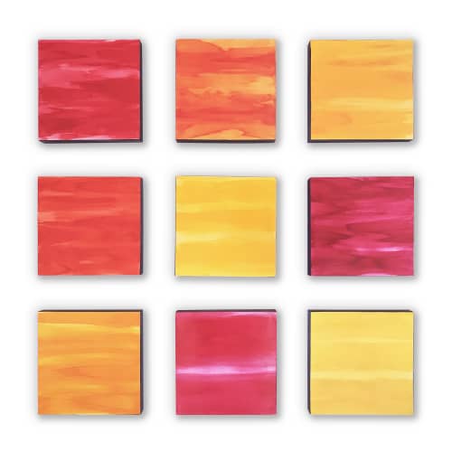 Wall of Color, Reds, Yellows, 36" x 36", by Paula Gibbs | Wall Sculpture in Wall Hangings by Paula Gibbs | Tucson in Tucson. Item composed of wood in minimalism or contemporary style