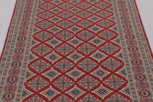 Vintage Bokhara Rug, RIch Red with Pink Geometric Patterns | Area Rug in Rugs by Rug and Kilim