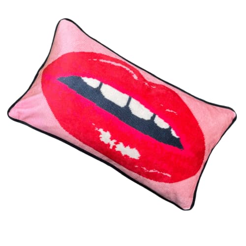 pink velvet EMBRASSE MOI lips lumbar feather down pillow | Pillows by Mommani Threads | Daniel Boone Native Gardens in Boone. Item composed of cotton in contemporary or modern style