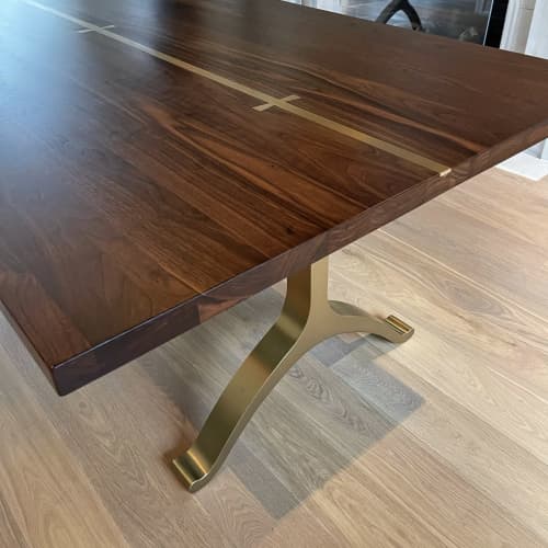 Butterfly Brass Inlay Walnut Wishbone Table | Dining Table in Tables by YJ Interiors