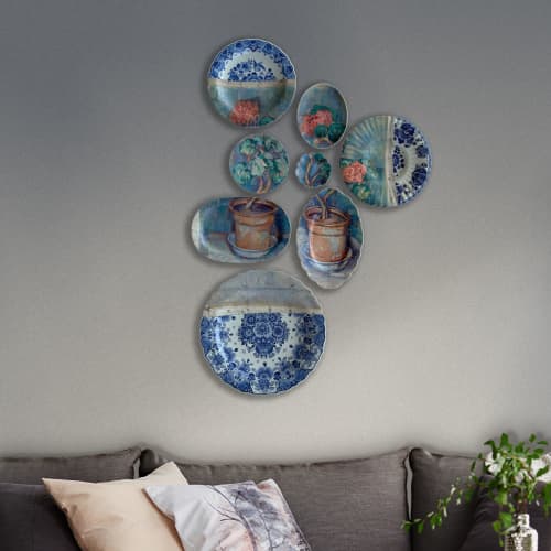 Pelargonium- group of ceramic plates/oil on canvas | Wall Sculpture in Wall Hangings by Studio DeSimoneWayland. Item made of canvas & ceramic compatible with boho and country & farmhouse style