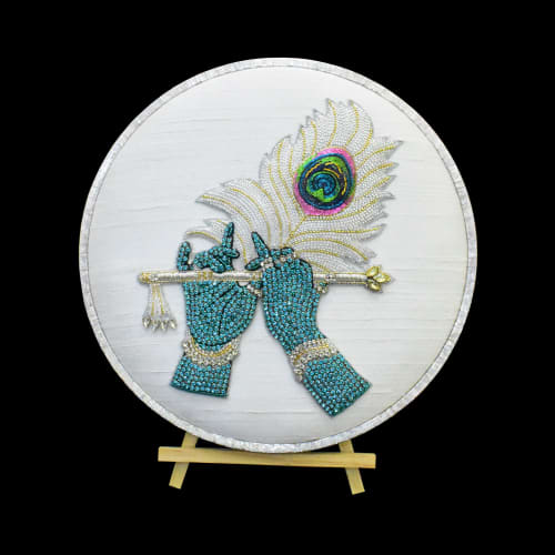 Lord Krishna Peacock & Flute Icon Handmade Artwork | Embroidery in Wall Hangings by MagicSimSim. Item composed of wood and fabric in art deco or asian style
