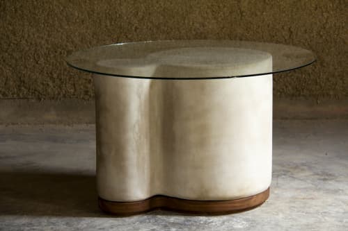 Lime Plaster Coffee Table with 30" Glass Top in Earth Gray | Tables by LIRIO Design House. Item composed of oak wood and stone in minimalism or mid century modern style