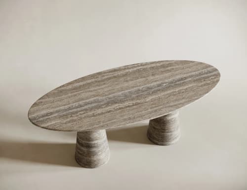 Italian Silver Travertine Oval Table - Oval Shape Table | Dining Table in Tables by TigerWoodAtelier. Item made of marble compatible with minimalism and contemporary style