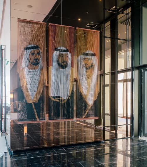Sheikhs String Portraits | Sculptures by Ines Esnal | Caesars Resort Bluewaters Dubai in Dubai. Item composed of fabric