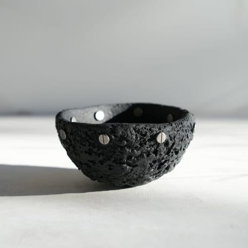 Medium Treasure Bowl in Black Concrete with Silver Rivets | Decorative Bowl in Decorative Objects by Carolyn Powers Designs. Item composed of brass & concrete compatible with minimalism and contemporary style