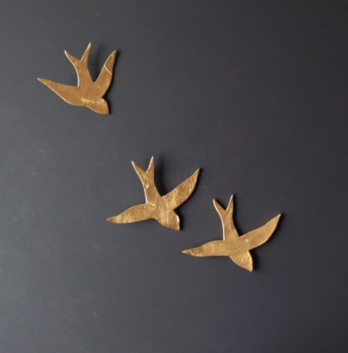 Set Of  3 Porcelain Swallows In Metallic Gold Finish | Wall Sculpture in Wall Hangings by Elizabeth Prince Ceramics. Item composed of stoneware in contemporary or japandi style