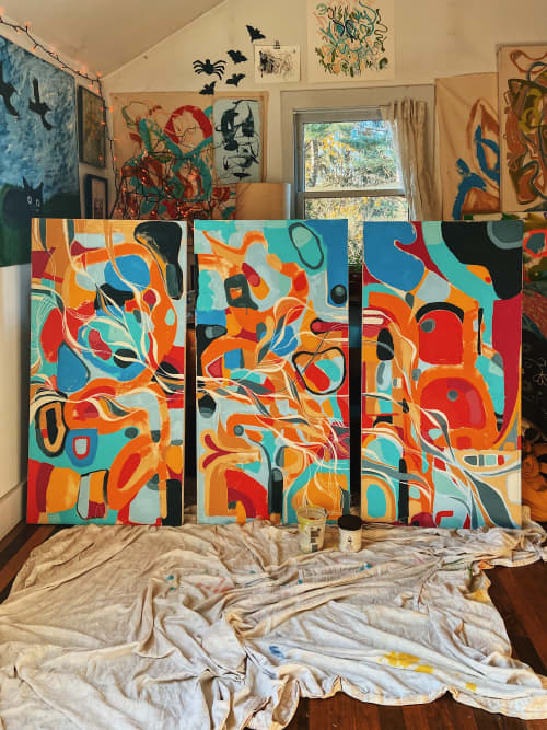 Custom abstract triptych for a private residence | Oil And Acrylic Painting in Paintings by Rowan Willigan. Item made of canvas & synthetic
