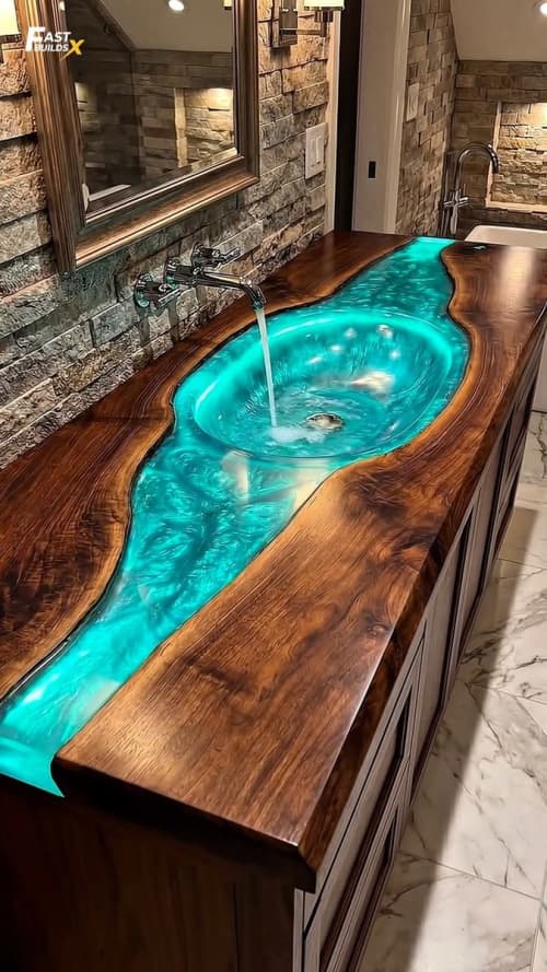 Luxury Live Edge Wooden & Turquoise Resin River Vanity Top – | Dining Chair in Chairs by SK EPOXY CRAFT. Item composed of birch wood compatible with boho and contemporary style