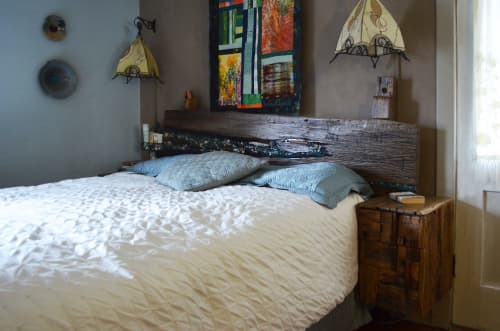 Rustic wood headboard and night stands | Beds & Accessories by Abodeacious. Item made of oak wood & synthetic