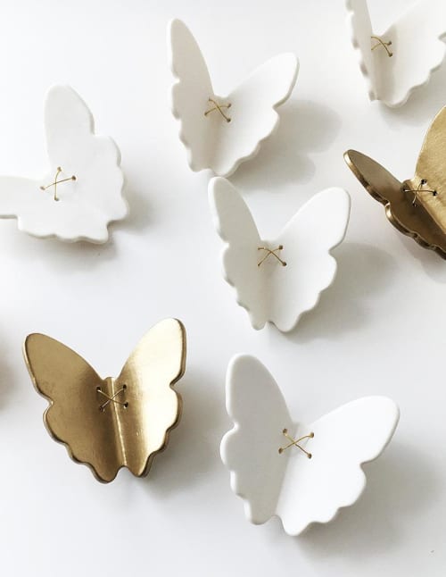 3D Set of 7 porcelain ceramic butterfly sculptures artwork | Sculptures by Elizabeth Prince Ceramics. Item composed of ceramic compatible with minimalism and contemporary style