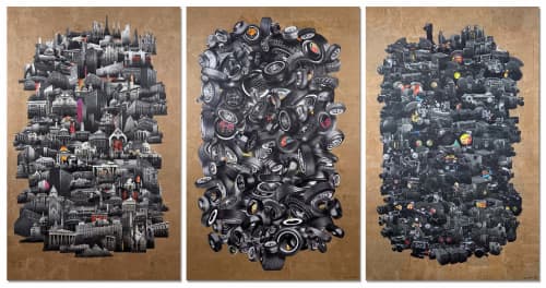 Presque Vu Triptych | Collage in Paintings by Glen Gauthier | Madron Gallery in Chicago. Item made of canvas with paper works with mid century modern & contemporary style