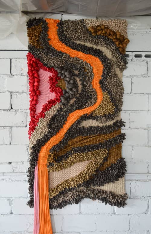 Sculptural Textile Art with Orange & Pink – Modern Macrame | Tapestry in Wall Hangings by Camille McMurry. Item made of wool compatible with boho and contemporary style