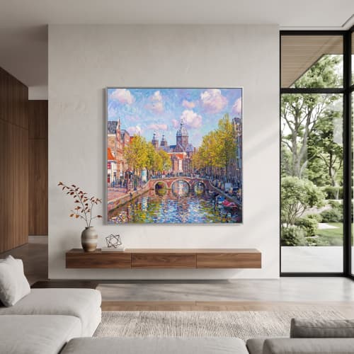 Amsterdam Canal Spring Impasto Oil Painting Fine Art | Oil And Acrylic Painting in Paintings by Dynasty Artisan. Item made of linen compatible with contemporary and eclectic & maximalism style