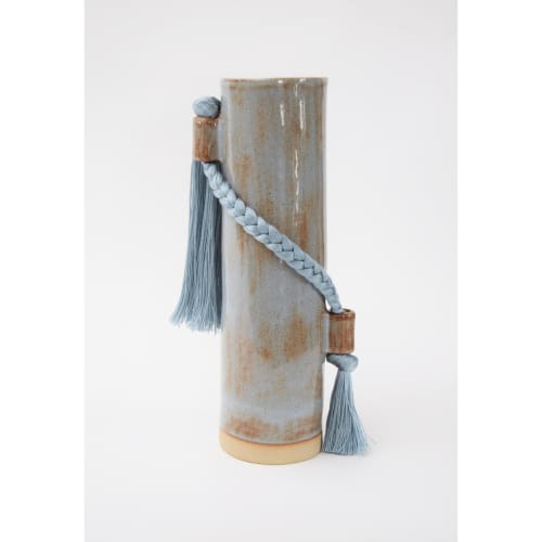 Handmade Ceramic Vase #695 in Light Blue with Tencel Braid | Vases & Vessels by Karen Gayle Tinney. Item made of stoneware works with boho & contemporary style