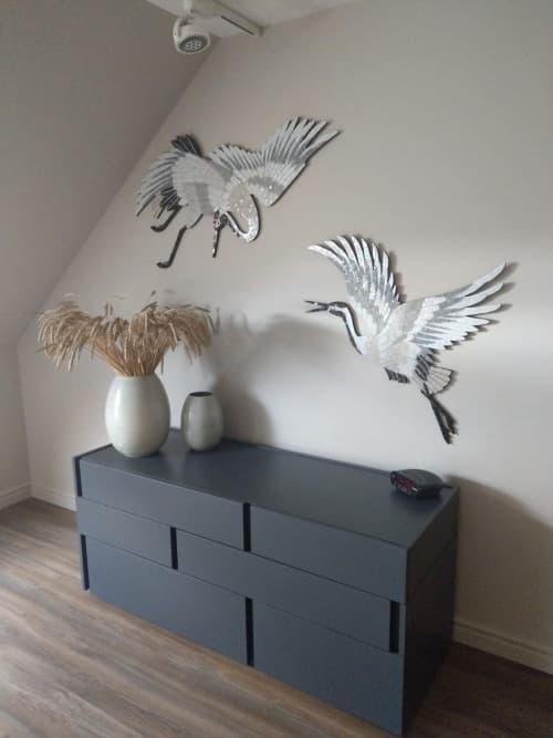 Two cranes mosaic wall decoration | Art & Wall Decor by Julia Gorbunova. Item composed of glass in contemporary or japandi style