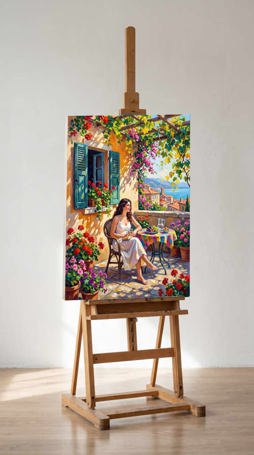 Hand-Painted Italian Riviera Sunlit Patio on Linen Art | Oil And Acrylic Painting in Paintings by Dynasty Artisan. Item made of linen works with contemporary & eclectic & maximalism style