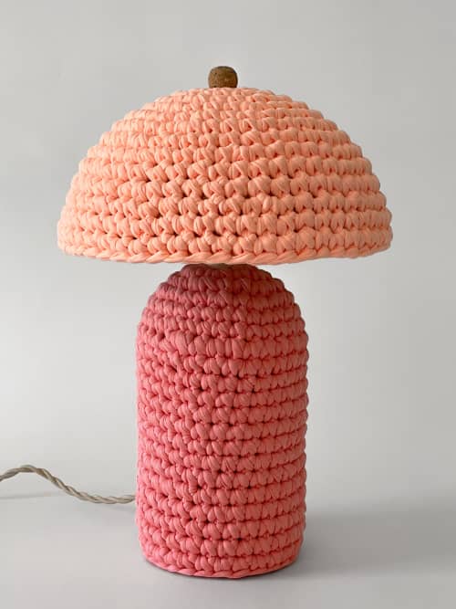 The Knitty Table Lamp in Bubble Gum Pink and Sherbert | Lamps by Meg Morrison. Item composed of fabric and ceramic in boho or mid century modern style