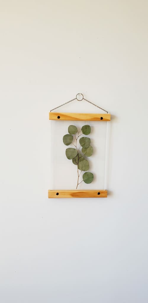 Round Eucalyptus leaves pressed flower decorative frame art | Pressing in Art & Wall Decor by Studio Wildflower. Item composed of wood and brass in boho or country & farmhouse style