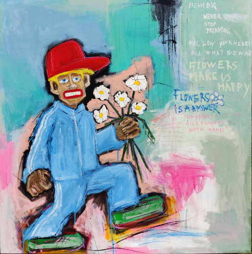 Boy with flowers neo expressionism art | Oil And Acrylic Painting in Paintings by Berez Art. Item composed of canvas