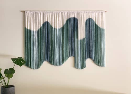 RIBBON Green Shaded Flowing Custom Hand Dyed Wall Hanging | Tapestry in Wall Hangings by Wallflowers Hanging Art. Item composed of oak wood and wool in mid century modern or contemporary style