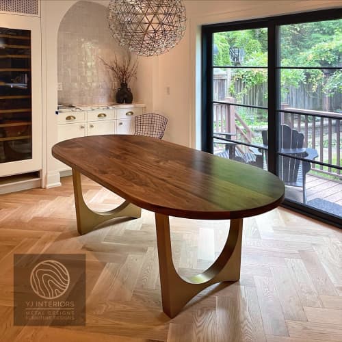 Racetrack Oval Walnut Tunnel Table | Dining Table in Tables by YJ Interiors. Item made of walnut & brass compatible with mid century modern and contemporary style