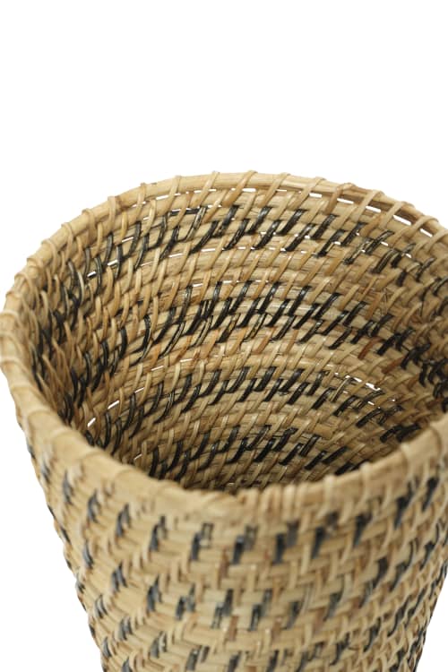 Handmade 11" Round Rattan Striped Basket | Storage Basket in Storage by Amara. Item made of wood compatible with boho and contemporary style