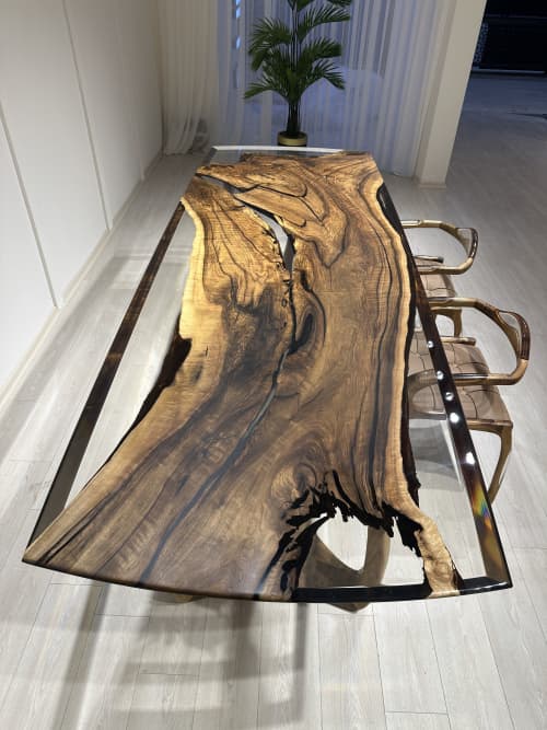 Epoxy Resin Table Top, Clear Epoxy Resin Dining Wood Table | Dining Table in Tables by Tinella Collection. Item composed of oak wood and metal in boho or minimalism style